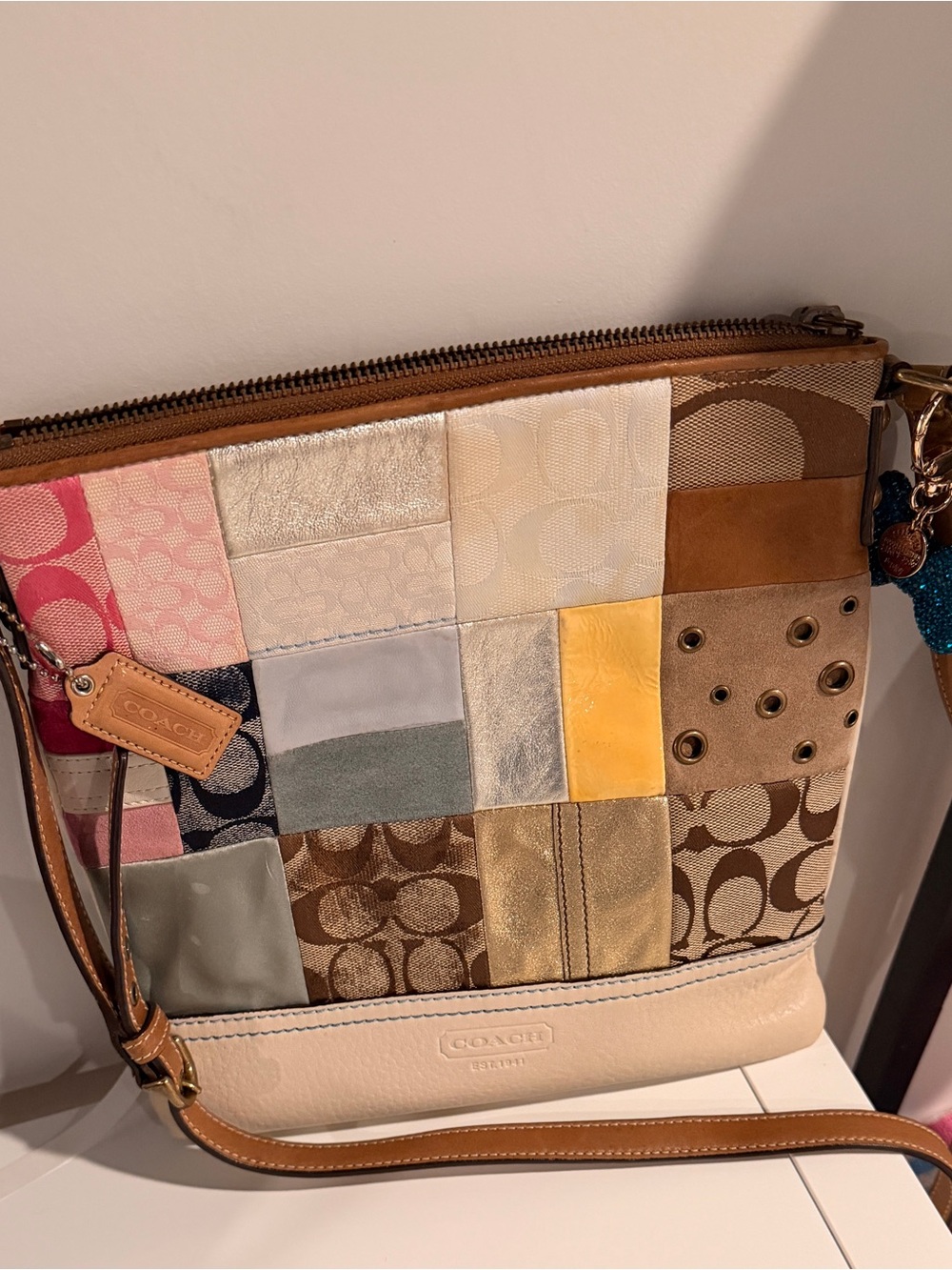 Coach Multicolor Patchwork Crossbody Bag with Tan Trim